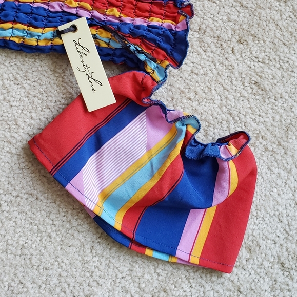 LIBERTY LOVE Off Shoulder Ruched Rainbow Striped Top - Picture 3 of 6